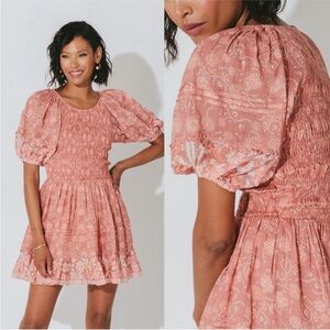 Cleobella Mina Mini Cotton Dress Camala Floral Print Puff Sleeves Tie Waist Pink